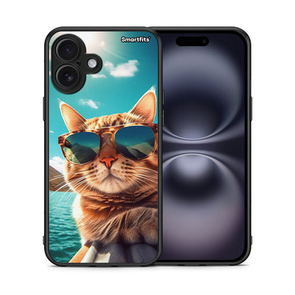 Θήκη iPhone 16 Plus Summer Cat από τη Smartfits με σχέδιο στο πίσω μέρος και μαύρο περίβλημα | iPhone 16 Plus Summer Cat case with colorful back and black bezels