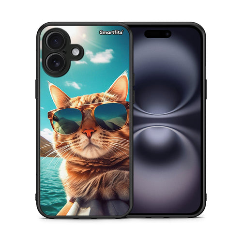 Θήκη iPhone 16 Plus Summer Cat από τη Smartfits με σχέδιο στο πίσω μέρος και μαύρο περίβλημα | iPhone 16 Plus Summer Cat case with colorful back and black bezels