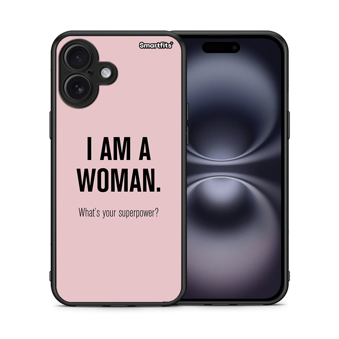 Θήκη iPhone 16 Plus Superpower Woman από τη Smartfits με σχέδιο στο πίσω μέρος και μαύρο περίβλημα | iPhone 16 Plus Superpower Woman case with colorful back and black bezels