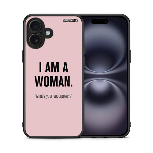Θήκη iPhone 16 Plus Superpower Woman από τη Smartfits με σχέδιο στο πίσω μέρος και μαύρο περίβλημα | iPhone 16 Plus Superpower Woman case with colorful back and black bezels