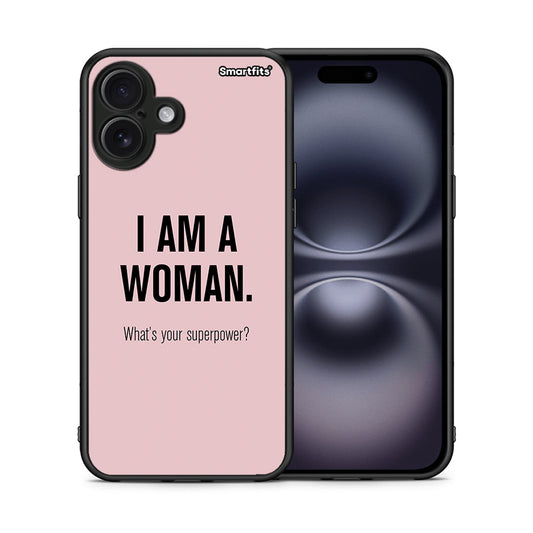 Θήκη iPhone 16 Plus Superpower Woman από τη Smartfits με σχέδιο στο πίσω μέρος και μαύρο περίβλημα | iPhone 16 Plus Superpower Woman case with colorful back and black bezels