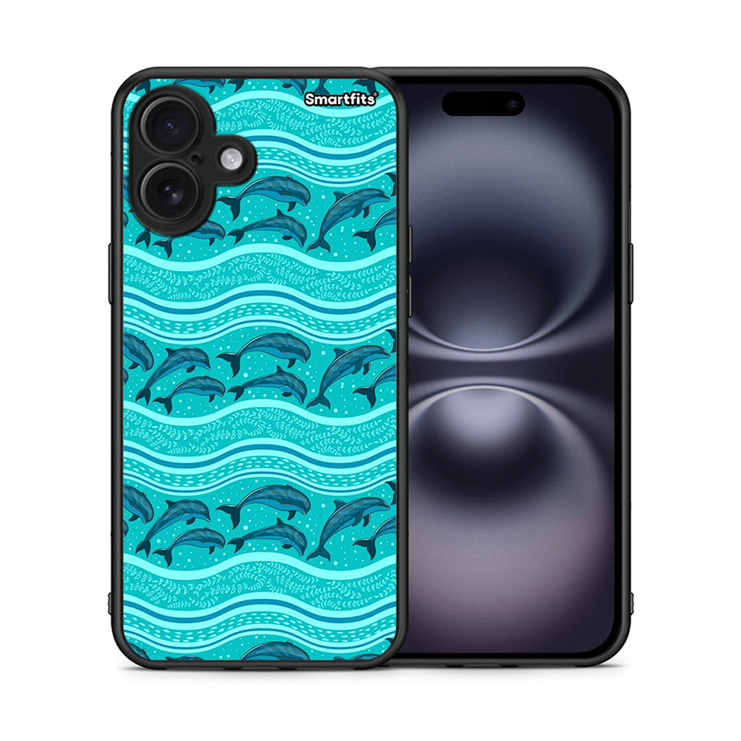 Θήκη iPhone 16 Plus Swimming Dolphins από τη Smartfits με σχέδιο στο πίσω μέρος και μαύρο περίβλημα | iPhone 16 Plus Swimming Dolphins case with colorful back and black bezels