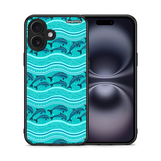 Θήκη iPhone 16 Plus Swimming Dolphins από τη Smartfits με σχέδιο στο πίσω μέρος και μαύρο περίβλημα | iPhone 16 Plus Swimming Dolphins case with colorful back and black bezels
