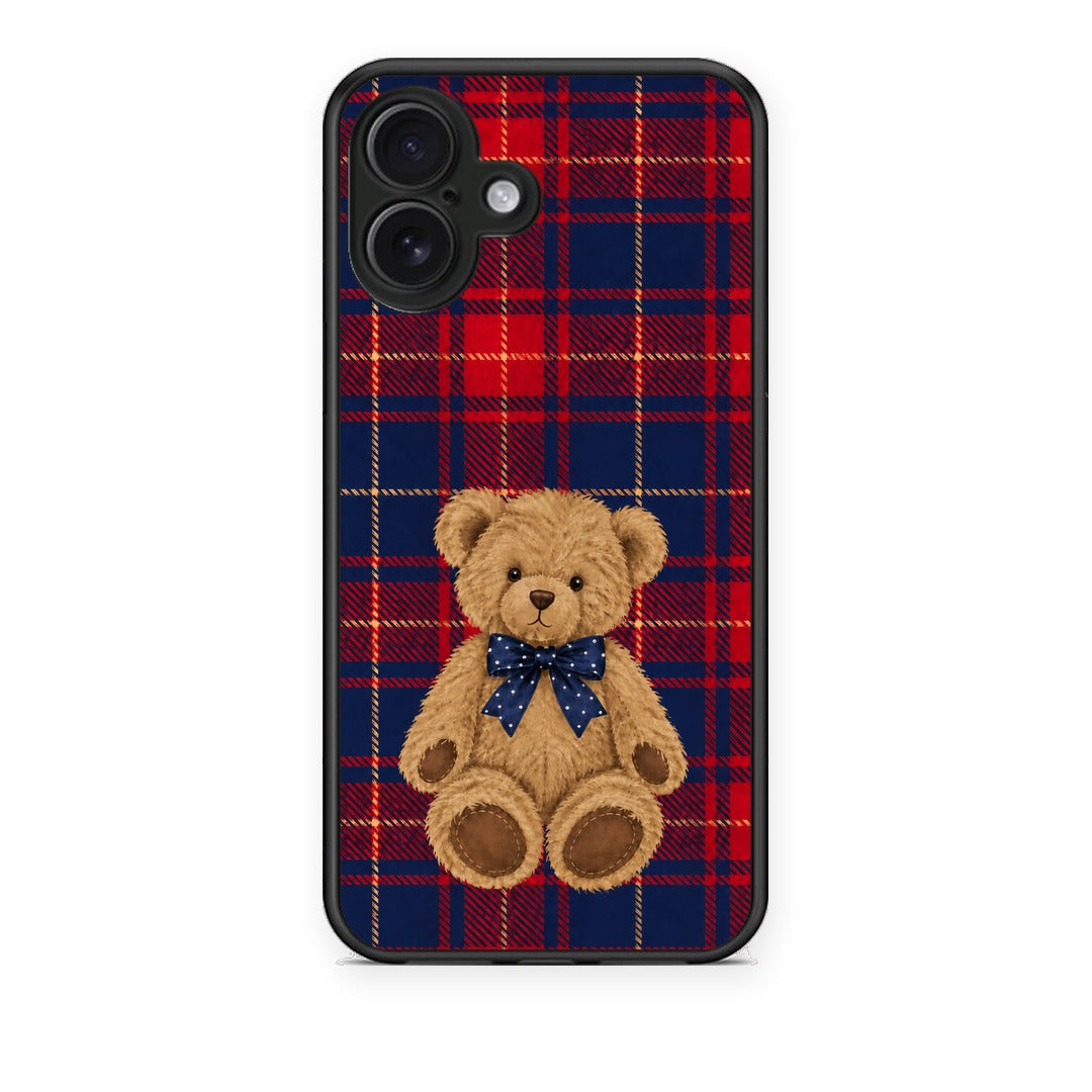 Θήκη iPhone 16 Plus Teddy Bear on Red and Navy Tartan από τη Smartfits με σχέδιο στο πίσω μέρος και μαύρο περίβλημα | iPhone 16 Plus Teddy Bear on Red and Navy Tartan case with colorful back and black bezels