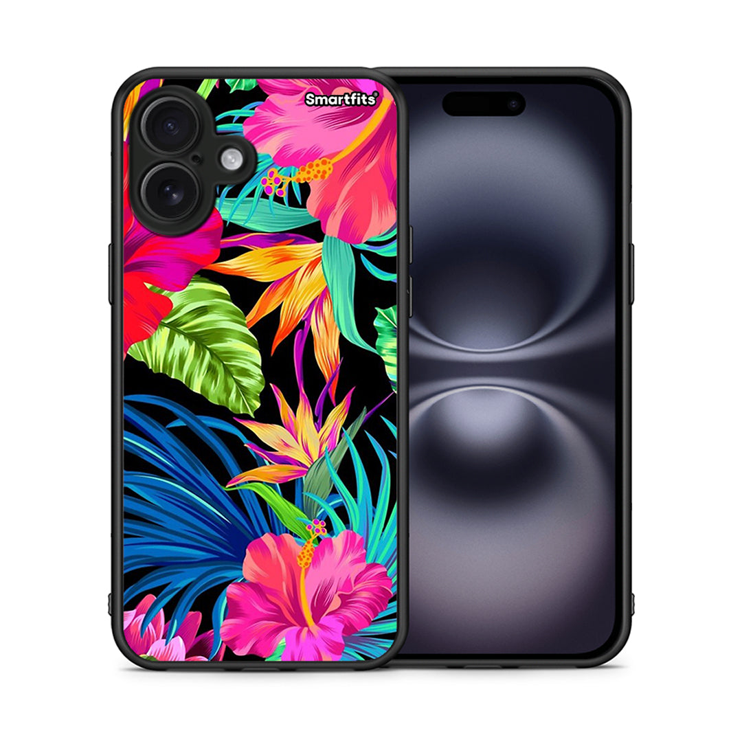 Θήκη iPhone 16 Plus Tropical Flowers από τη Smartfits με σχέδιο στο πίσω μέρος και μαύρο περίβλημα | iPhone 16 Plus Tropical Flowers case with colorful back and black bezels