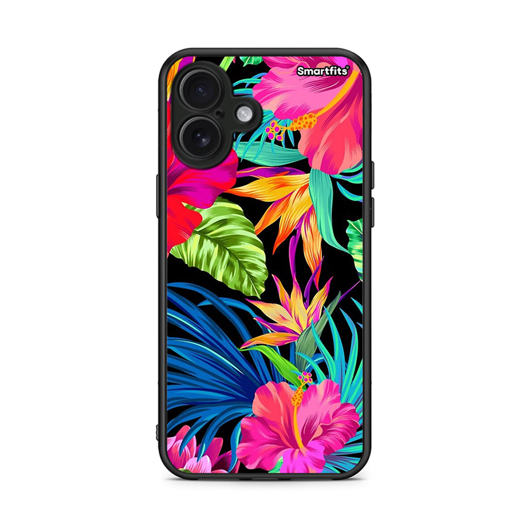 iPhone 16 Plus Tropical Flowers θήκη από τη Smartfits με σχέδιο στο πίσω μέρος και μαύρο περίβλημα | Smartphone case with colorful back and black bezels by Smartfits