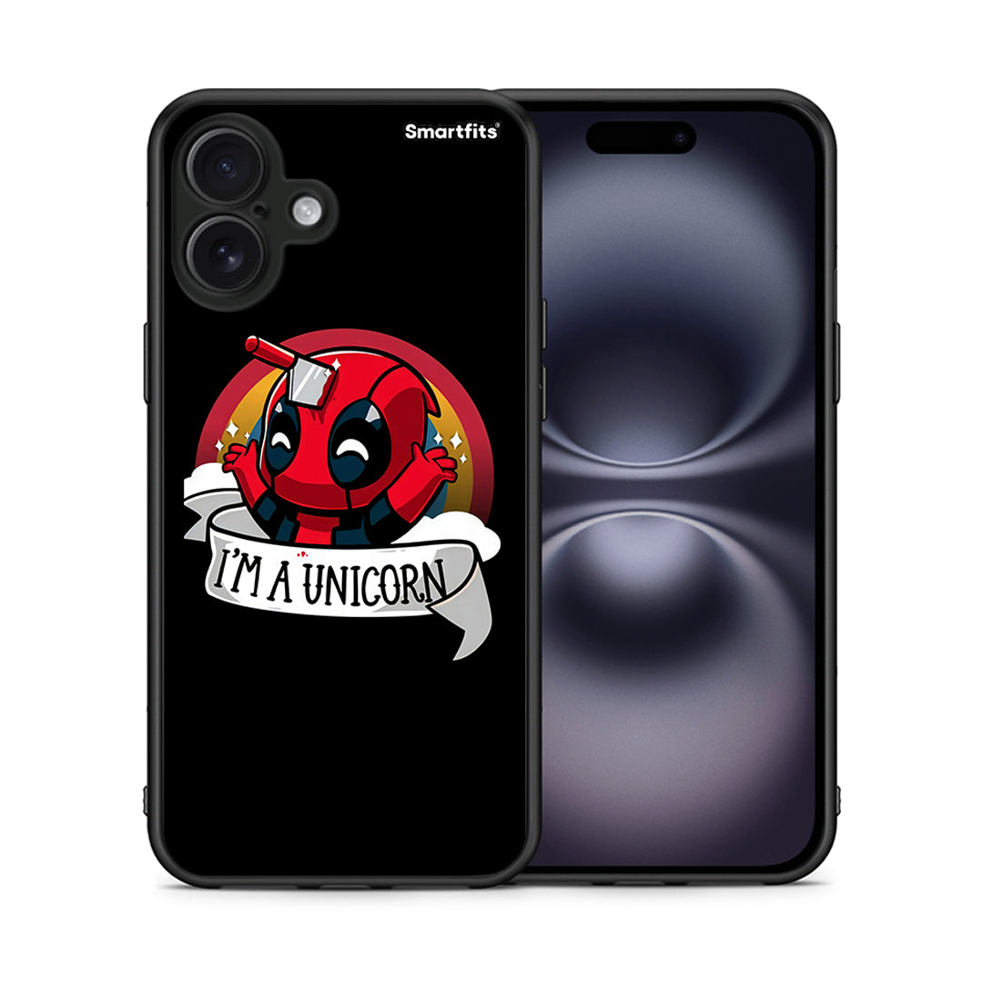 Θήκη iPhone 16 Plus Unicorn Deadpool από τη Smartfits με σχέδιο στο πίσω μέρος και μαύρο περίβλημα | iPhone 16 Plus Unicorn Deadpool case with colorful back and black bezels