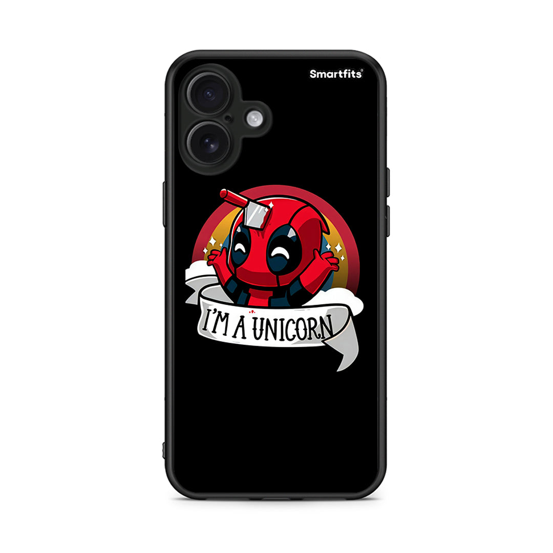 iPhone 16 Plus Unicorn Deadpool θήκη από τη Smartfits με σχέδιο στο πίσω μέρος και μαύρο περίβλημα | Smartphone case with colorful back and black bezels by Smartfits