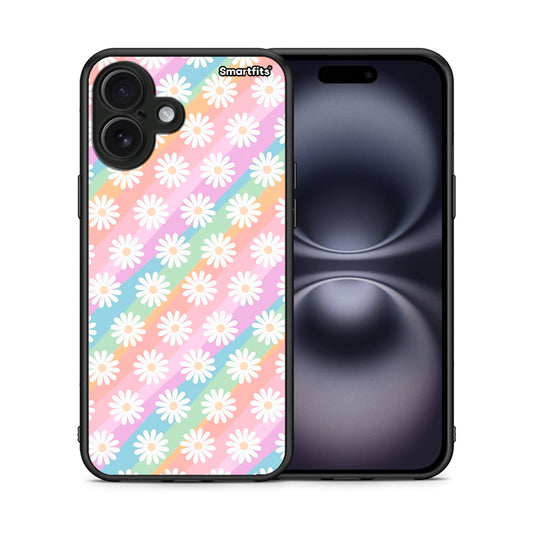 Θήκη iPhone 16 Plus White Daisies από τη Smartfits με σχέδιο στο πίσω μέρος και μαύρο περίβλημα | iPhone 16 Plus White Daisies case with colorful back and black bezels