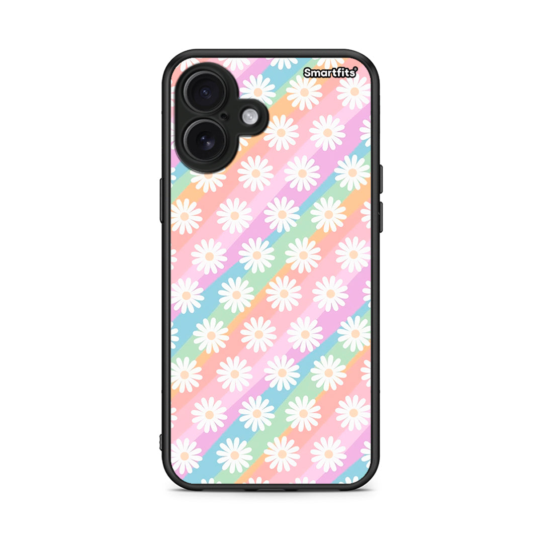 iPhone 16 Plus White Daisies θήκη από τη Smartfits με σχέδιο στο πίσω μέρος και μαύρο περίβλημα | Smartphone case with colorful back and black bezels by Smartfits