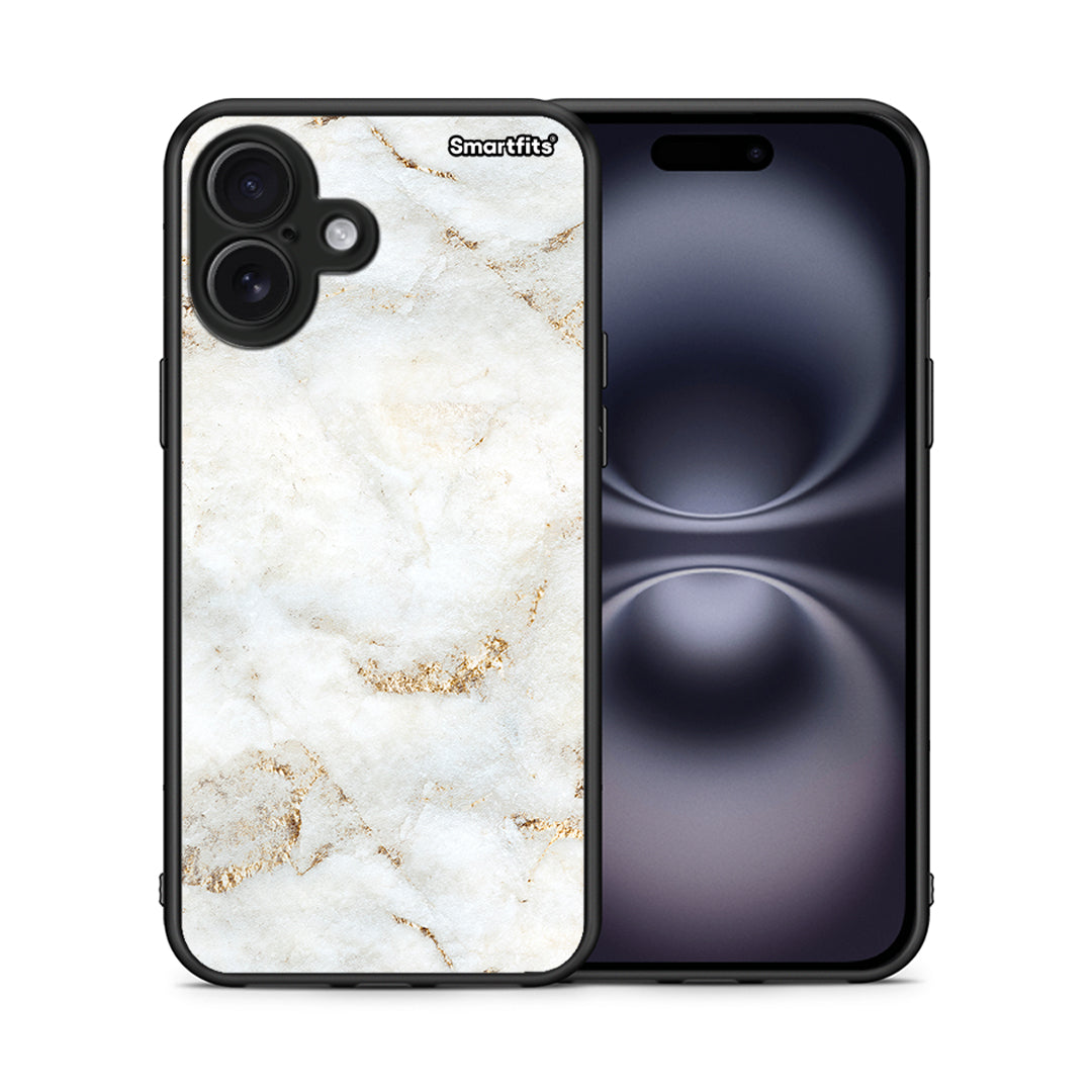 Θήκη iPhone 16 Plus White Gold Marble από τη Smartfits με σχέδιο στο πίσω μέρος και μαύρο περίβλημα | iPhone 16 Plus White Gold Marble case with colorful back and black bezels