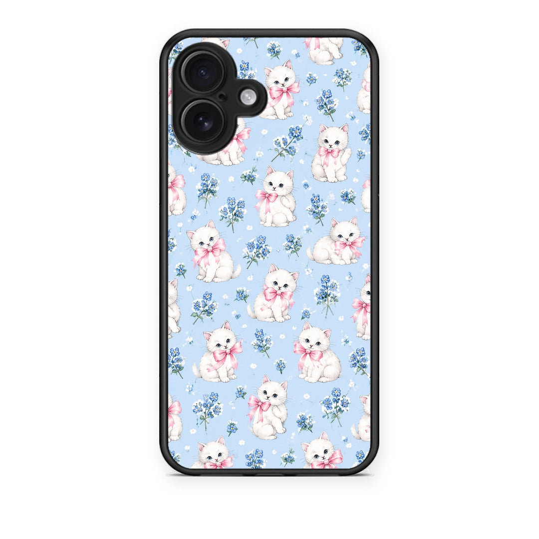 Θήκη iPhone 16 Plus White Kittens and Blue Flowers Small από τη Smartfits με σχέδιο στο πίσω μέρος και μαύρο περίβλημα | iPhone 16 Plus White Kittens and Blue Flowers Small case with colorful back and black bezels