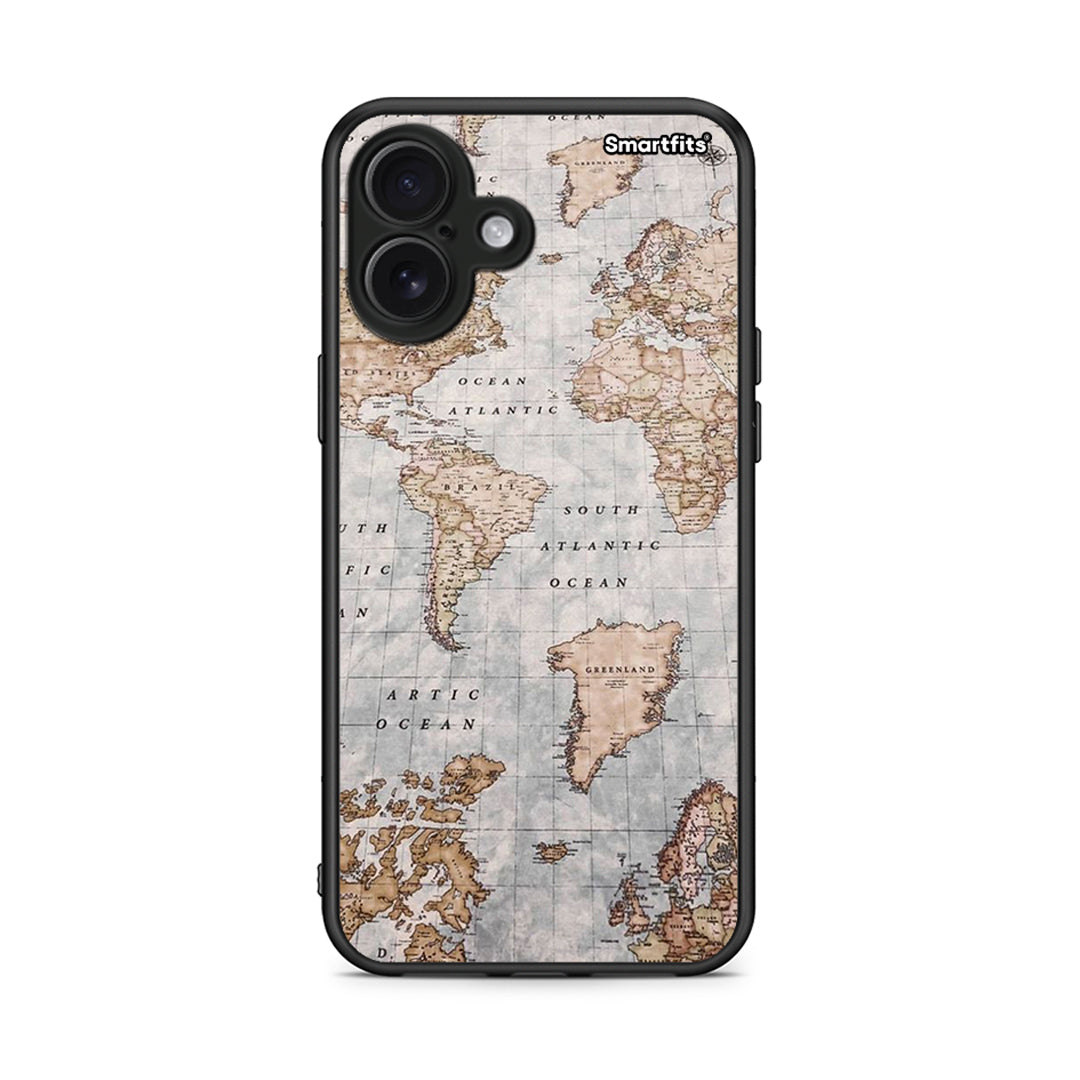 iPhone 16 Plus World Map Θήκη από τη Smartfits με σχέδιο στο πίσω μέρος και μαύρο περίβλημα | Smartphone case with colorful back and black bezels by Smartfits