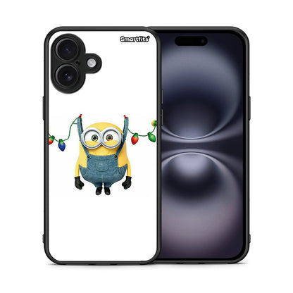 Θήκη iPhone 16 Plus Xmas Minion Lights από τη Smartfits με σχέδιο στο πίσω μέρος και μαύρο περίβλημα | iPhone 16 Plus Xmas Minion Lights case with colorful back and black bezels