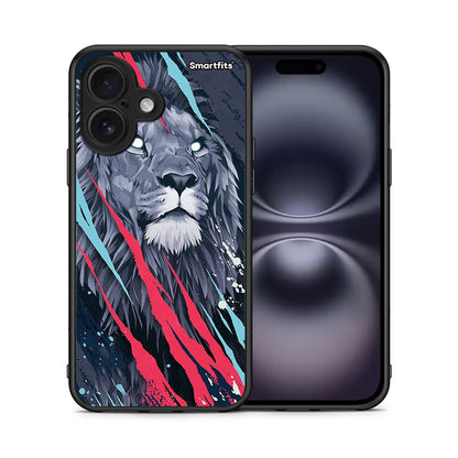 Θήκη iPhone 16 Lion Designer PopArt από τη Smartfits με σχέδιο στο πίσω μέρος και μαύρο περίβλημα | iPhone 16 Lion Designer PopArt case with colorful back and black bezels