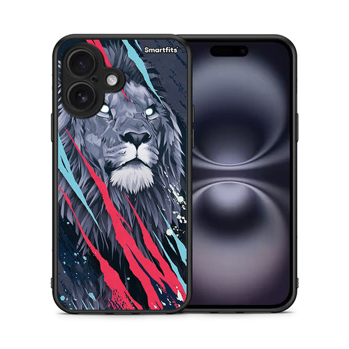 Θήκη iPhone 16 Lion Designer PopArt από τη Smartfits με σχέδιο στο πίσω μέρος και μαύρο περίβλημα | iPhone 16 Lion Designer PopArt case with colorful back and black bezels