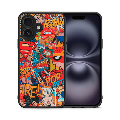 Θήκη iPhone 16 PopArt OMG από τη Smartfits με σχέδιο στο πίσω μέρος και μαύρο περίβλημα | iPhone 16 PopArt OMG case with colorful back and black bezels