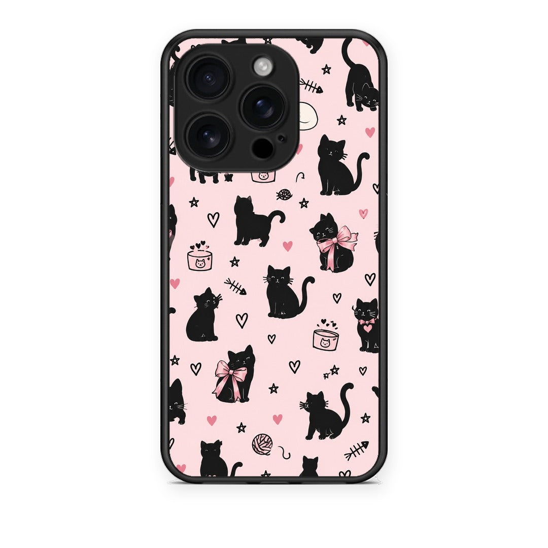 Θήκη iPhone 16 Pro Black Cat Doodles on Pink από τη Smartfits με σχέδιο στο πίσω μέρος και μαύρο περίβλημα | iPhone 16 Pro Black Cat Doodles on Pink case with colorful back and black bezels