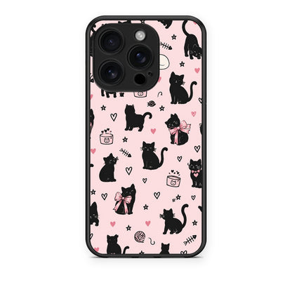 Θήκη iPhone 16 Pro Black Cat Doodles on Pink από τη Smartfits με σχέδιο στο πίσω μέρος και μαύρο περίβλημα | iPhone 16 Pro Black Cat Doodles on Pink case with colorful back and black bezels