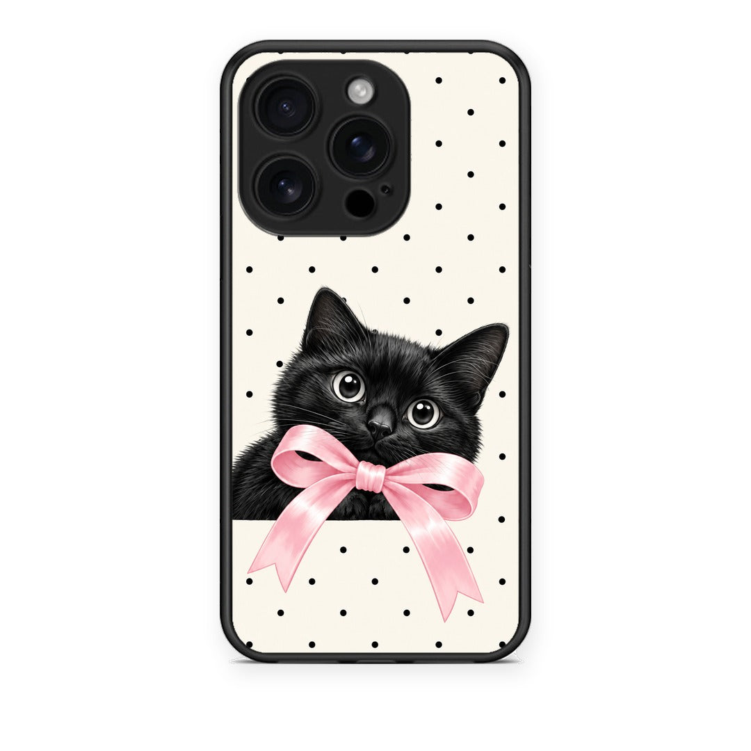 Θήκη iPhone 16 Pro Black Kitten Pink Bow and Polka Dots από τη Smartfits με σχέδιο στο πίσω μέρος και μαύρο περίβλημα | iPhone 16 Pro Black Kitten Pink Bow and Polka Dots case with colorful back and black bezels
