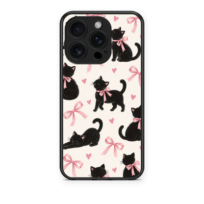 Θήκη iPhone 16 Pro Black Kittens and Pink Bows on Cream Large από τη Smartfits με σχέδιο στο πίσω μέρος και μαύρο περίβλημα | iPhone 16 Pro Black Kittens and Pink Bows on Cream Large case with colorful back and black bezels