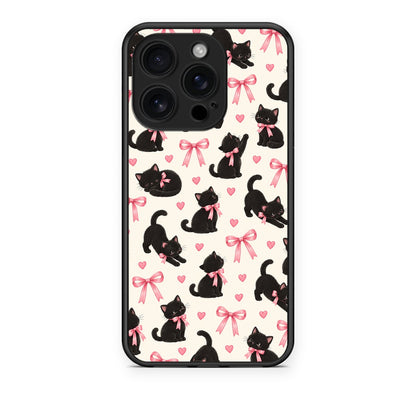Θήκη iPhone 16 Pro Black Kittens and Pink Bows on Cream Small από τη Smartfits με σχέδιο στο πίσω μέρος και μαύρο περίβλημα | iPhone 16 Pro Black Kittens and Pink Bows on Cream Small case with colorful back and black bezels
