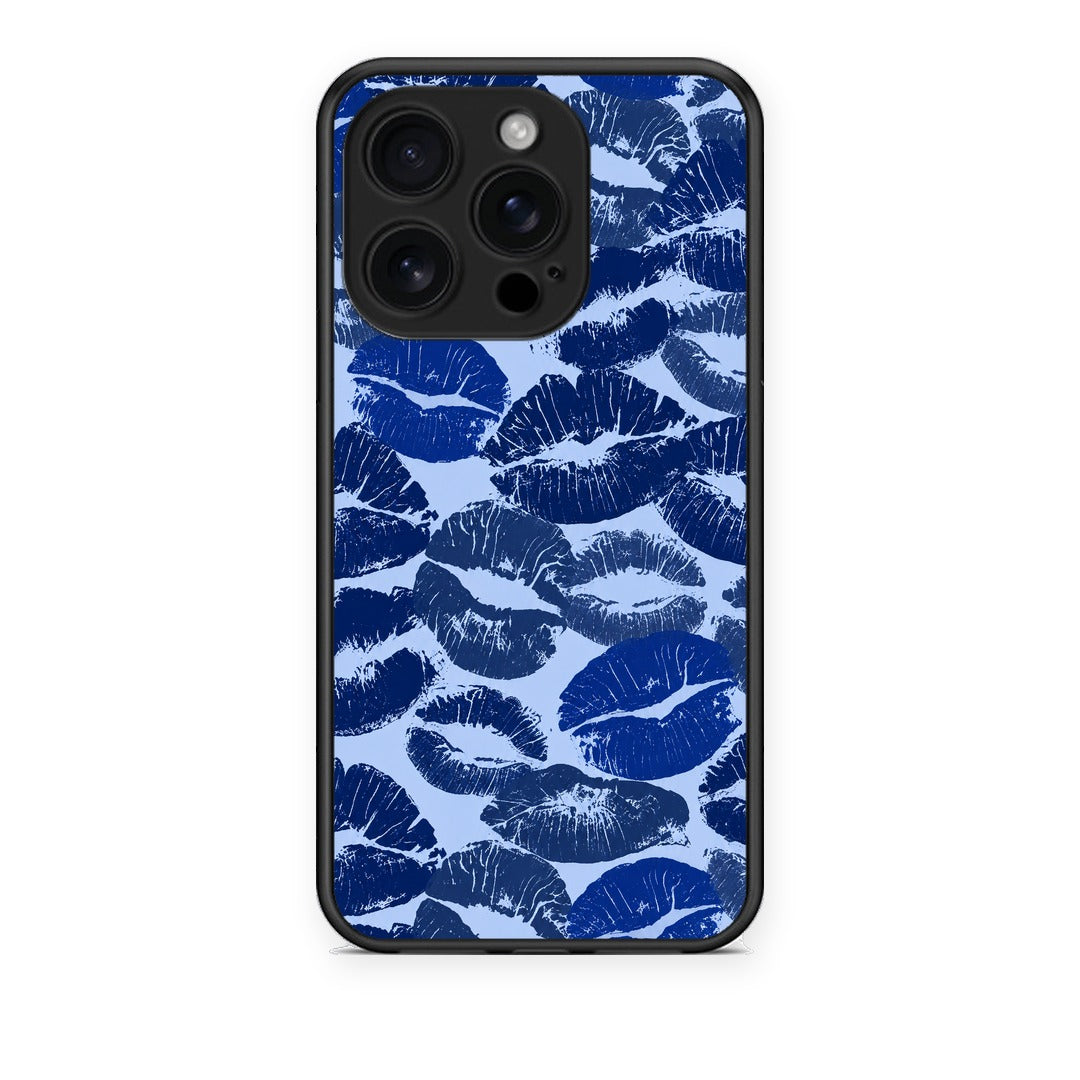 Θήκη iPhone 16 Pro Blue Lipstick Kisses από τη Smartfits με σχέδιο στο πίσω μέρος και μαύρο περίβλημα | iPhone 16 Pro Blue Lipstick Kisses case with colorful back and black bezels