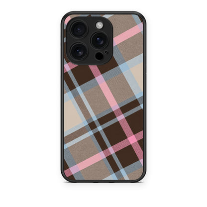 Θήκη iPhone 16 Pro Brown Pink and Blue Diagonal Plaid από τη Smartfits με σχέδιο στο πίσω μέρος και μαύρο περίβλημα | iPhone 16 Pro Brown Pink and Blue Diagonal Plaid case with colorful back and black bezels