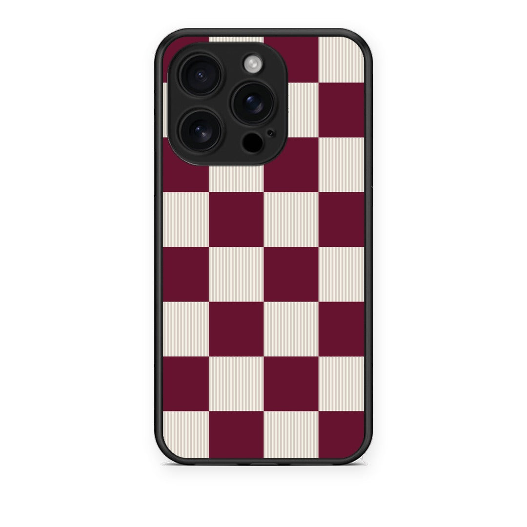 Θήκη iPhone 16 Pro Burgundy and Cream Striped Checks από τη Smartfits με σχέδιο στο πίσω μέρος και μαύρο περίβλημα | iPhone 16 Pro Burgundy and Cream Striped Checks case with colorful back and black bezels