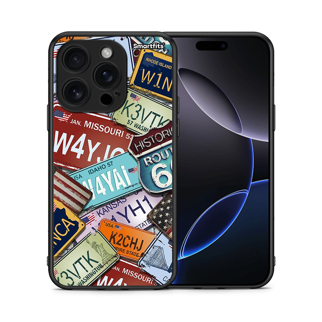 Θήκη iPhone 16 Pro Car Plates από τη Smartfits με σχέδιο στο πίσω μέρος και μαύρο περίβλημα | iPhone 16 Pro Car Plates case with colorful back and black bezels