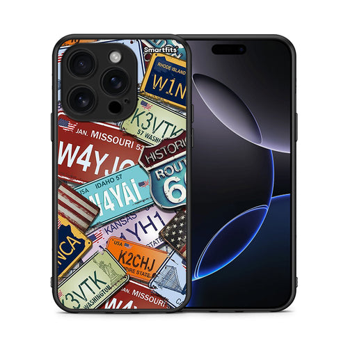 Θήκη iPhone 16 Pro Car Plates από τη Smartfits με σχέδιο στο πίσω μέρος και μαύρο περίβλημα | iPhone 16 Pro Car Plates case with colorful back and black bezels