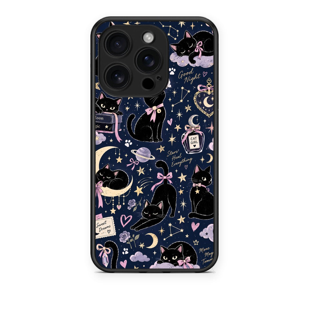 Θήκη iPhone 16 Pro Celestial Black Cats on Navy από τη Smartfits με σχέδιο στο πίσω μέρος και μαύρο περίβλημα | iPhone 16 Pro Celestial Black Cats on Navy case with colorful back and black bezels