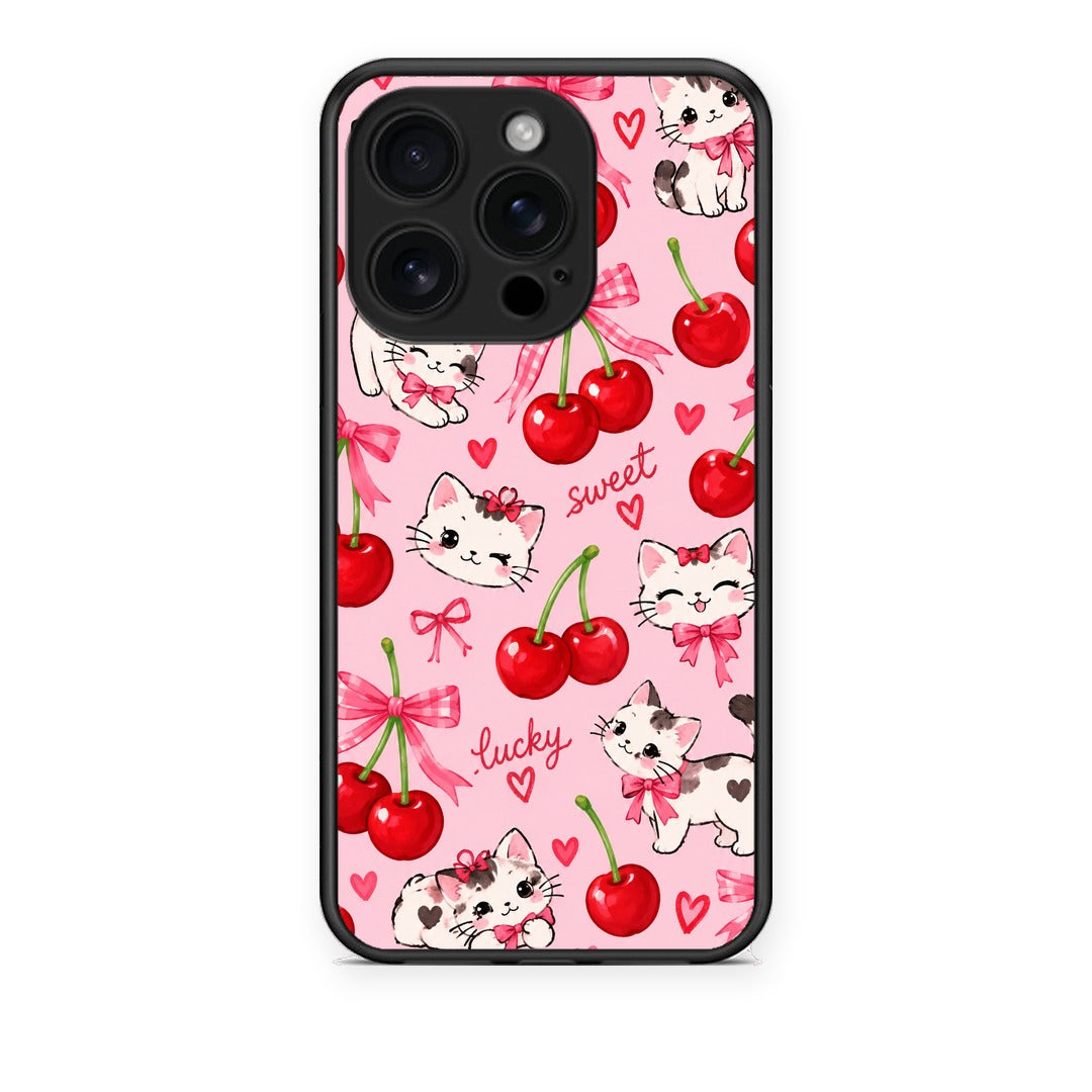 Θήκη iPhone 16 Pro Cherries Bows and Kittens on Pink από τη Smartfits με σχέδιο στο πίσω μέρος και μαύρο περίβλημα | iPhone 16 Pro Cherries Bows and Kittens on Pink case with colorful back and black bezels