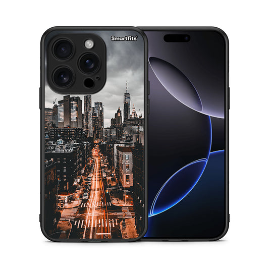 Θήκη iPhone 16 Pro City Lights από τη Smartfits με σχέδιο στο πίσω μέρος και μαύρο περίβλημα | iPhone 16 Pro City Lights case with colorful back and black bezels
