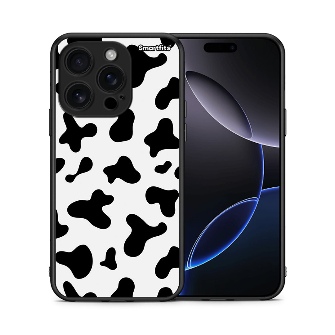 Θήκη iPhone 16 Pro Cow Print από τη Smartfits με σχέδιο στο πίσω μέρος και μαύρο περίβλημα | iPhone 16 Pro Cow Print case with colorful back and black bezels