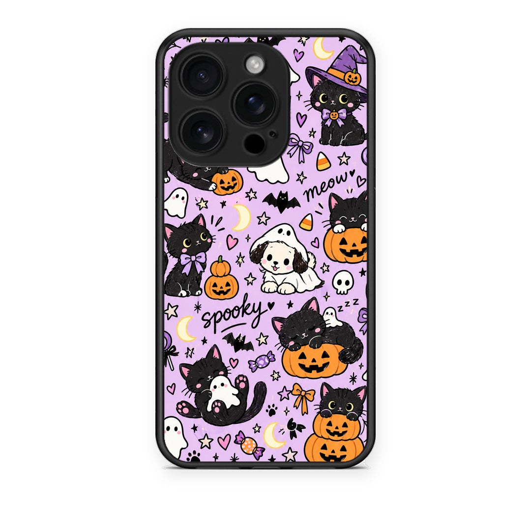 Θήκη iPhone 16 Pro Halloween Black Cats on Lilac από τη Smartfits με σχέδιο στο πίσω μέρος και μαύρο περίβλημα | iPhone 16 Pro Halloween Black Cats on Lilac case with colorful back and black bezels