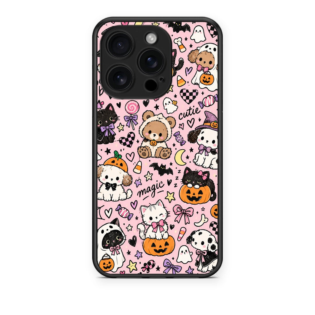 Θήκη iPhone 16 Pro Halloween Cute Animals on Pink από τη Smartfits με σχέδιο στο πίσω μέρος και μαύρο περίβλημα | iPhone 16 Pro Halloween Cute Animals on Pink case with colorful back and black bezels