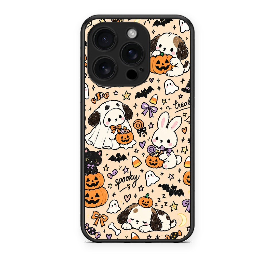 Θήκη iPhone 16 Pro Halloween Puppies and Friends on Cream από τη Smartfits με σχέδιο στο πίσω μέρος και μαύρο περίβλημα | iPhone 16 Pro Halloween Puppies and Friends on Cream case with colorful back and black bezels