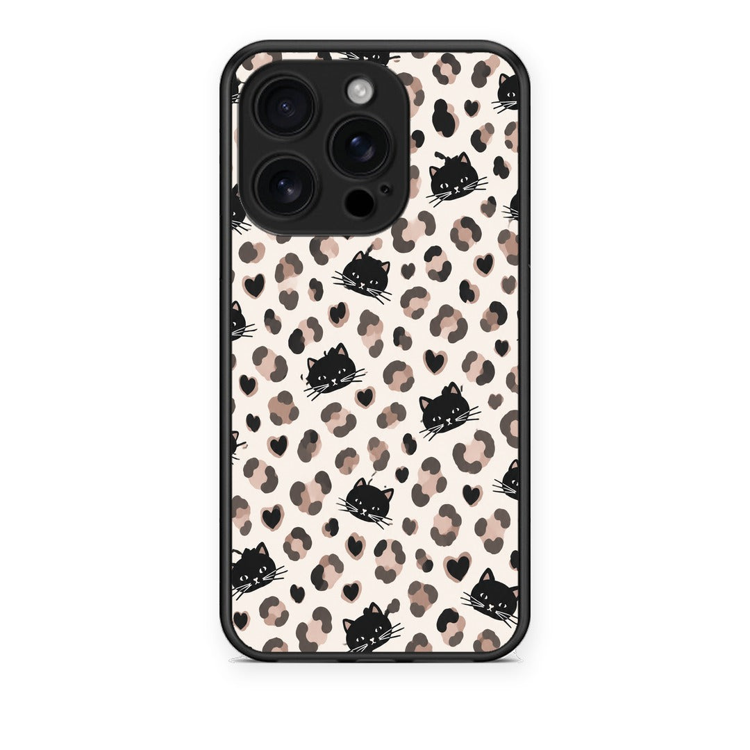 Θήκη iPhone 16 Pro Leopard Spots and Black Cats on Cream από τη Smartfits με σχέδιο στο πίσω μέρος και μαύρο περίβλημα | iPhone 16 Pro Leopard Spots and Black Cats on Cream case with colorful back and black bezels