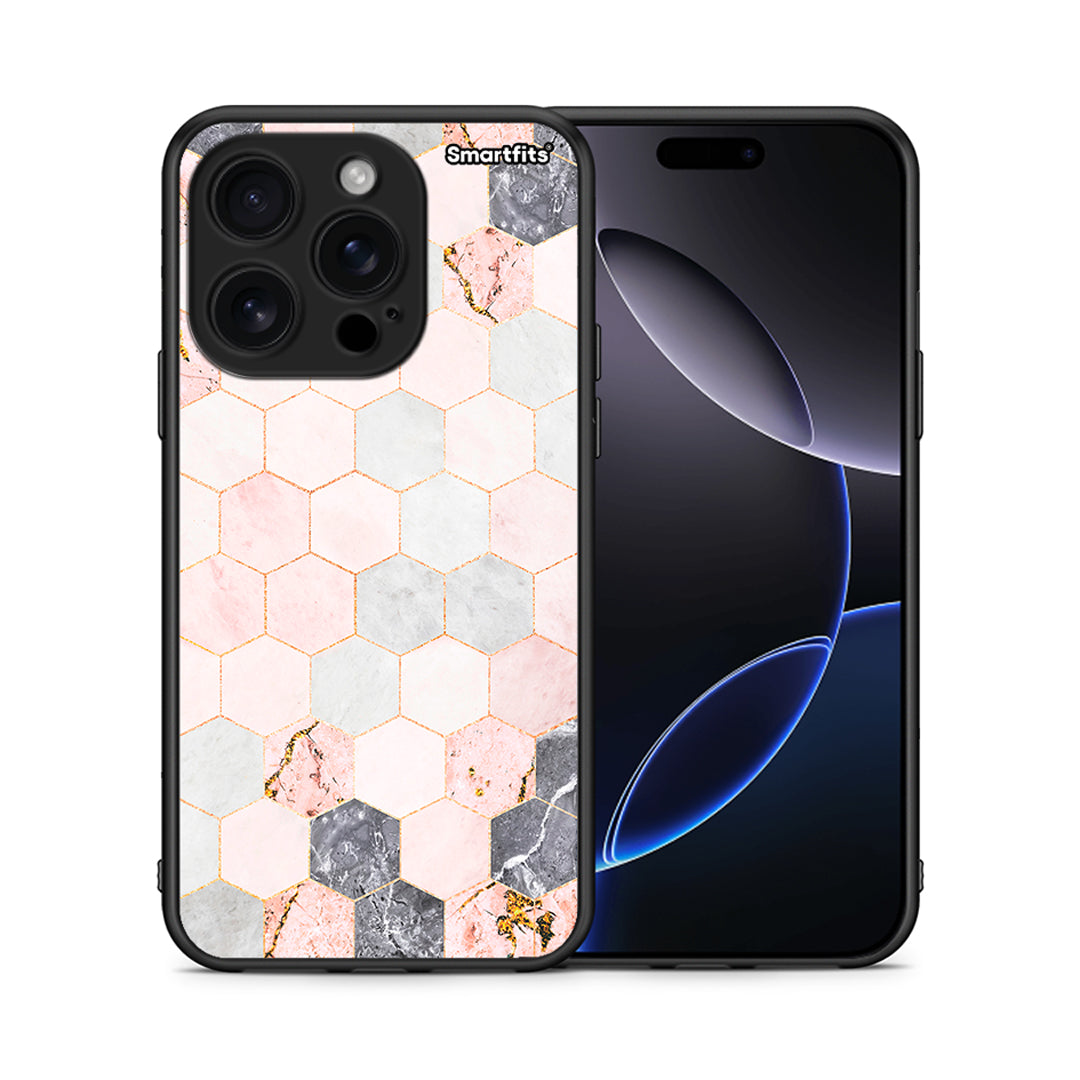 Θήκη iPhone 16 Pro Hexagon Pink Marble από τη Smartfits με σχέδιο στο πίσω μέρος και μαύρο περίβλημα | iPhone 16 Pro Hexagon Pink Marble case with colorful back and black bezels