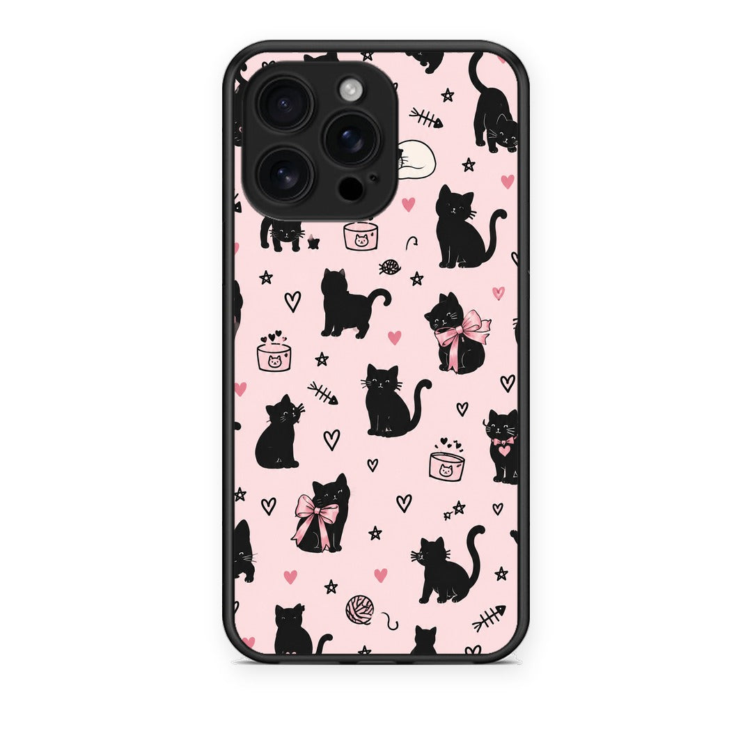 Θήκη iPhone 16 Pro Max Black Cat Doodles on Pink από τη Smartfits με σχέδιο στο πίσω μέρος και μαύρο περίβλημα | iPhone 16 Pro Max Black Cat Doodles on Pink case with colorful back and black bezels
