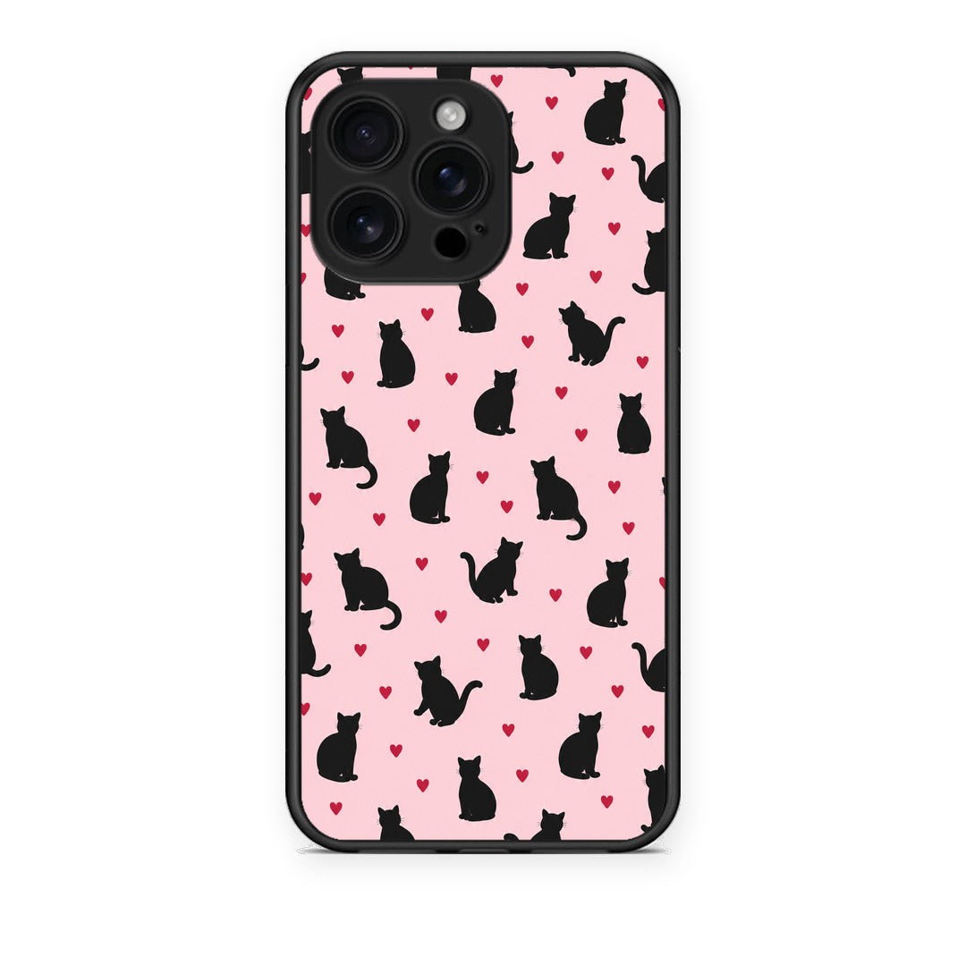 Θήκη iPhone 16 Pro Max Black Cat Silhouettes and Hearts on Pink από τη Smartfits με σχέδιο στο πίσω μέρος και μαύρο περίβλημα | iPhone 16 Pro Max Black Cat Silhouettes and Hearts on Pink case with colorful back and black bezels