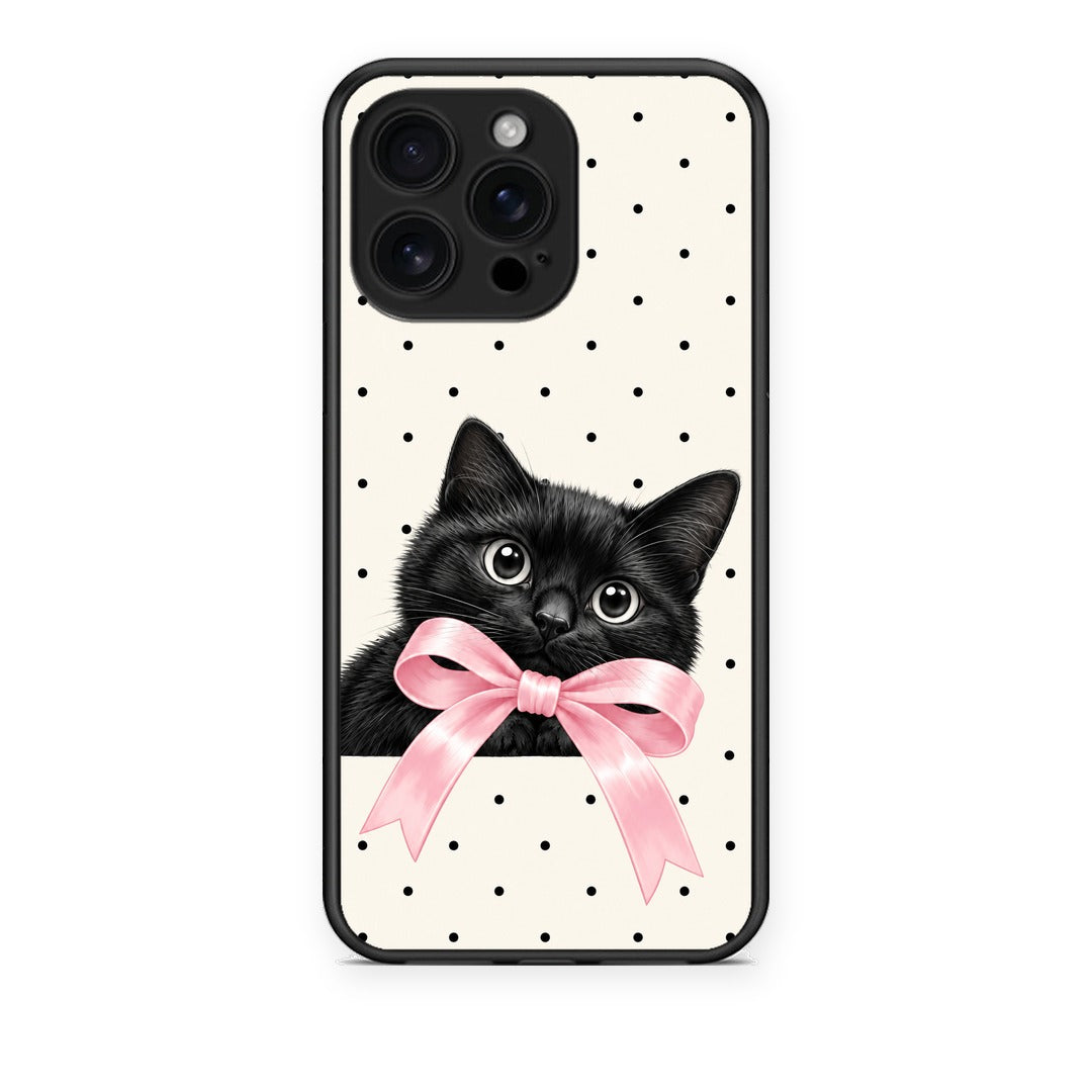Θήκη iPhone 16 Pro Max Black Kitten Pink Bow and Polka Dots από τη Smartfits με σχέδιο στο πίσω μέρος και μαύρο περίβλημα | iPhone 16 Pro Max Black Kitten Pink Bow and Polka Dots case with colorful back and black bezels