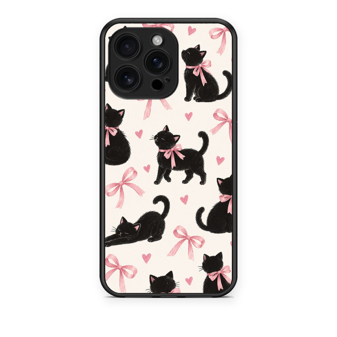 Θήκη iPhone 16 Pro Max Black Kittens and Pink Bows on Cream Large από τη Smartfits με σχέδιο στο πίσω μέρος και μαύρο περίβλημα | iPhone 16 Pro Max Black Kittens and Pink Bows on Cream Large case with colorful back and black bezels