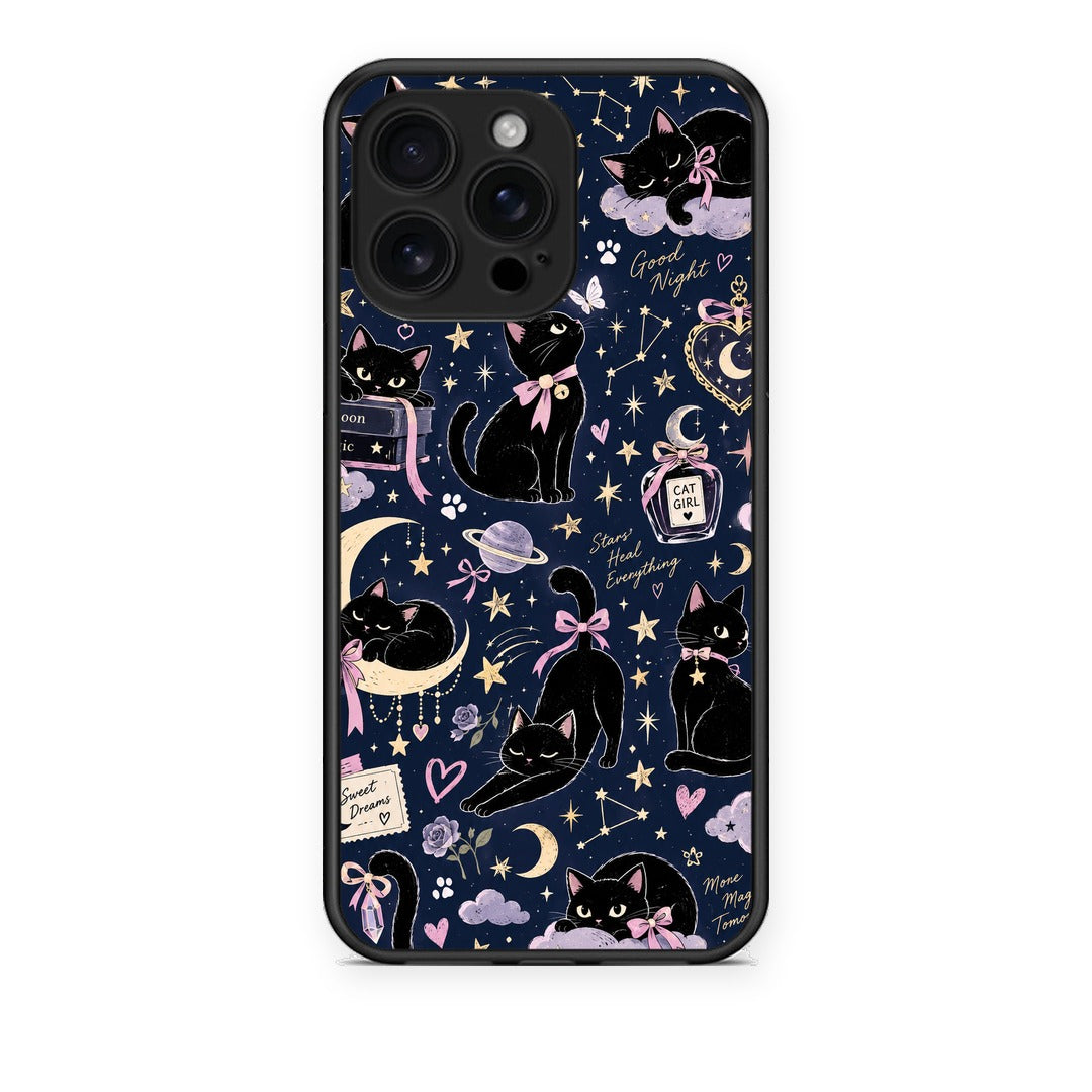 Θήκη iPhone 16 Pro Max Celestial Black Cats on Navy από τη Smartfits με σχέδιο στο πίσω μέρος και μαύρο περίβλημα | iPhone 16 Pro Max Celestial Black Cats on Navy case with colorful back and black bezels