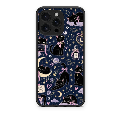 Θήκη iPhone 16 Pro Max Celestial Black Cats on Navy από τη Smartfits με σχέδιο στο πίσω μέρος και μαύρο περίβλημα | iPhone 16 Pro Max Celestial Black Cats on Navy case with colorful back and black bezels