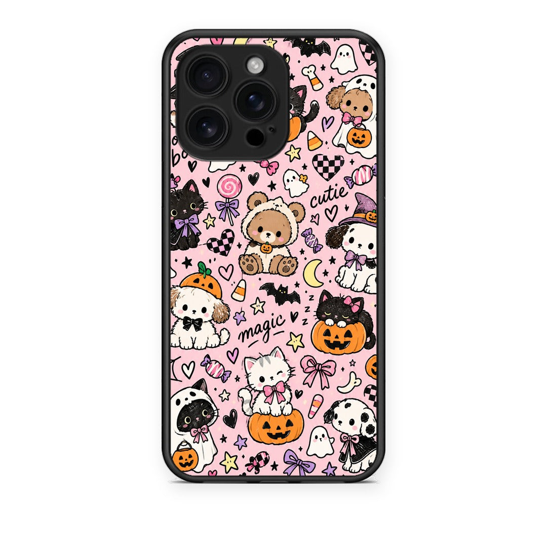 Θήκη iPhone 16 Pro Max Halloween Cute Animals on Pink από τη Smartfits με σχέδιο στο πίσω μέρος και μαύρο περίβλημα | iPhone 16 Pro Max Halloween Cute Animals on Pink case with colorful back and black bezels