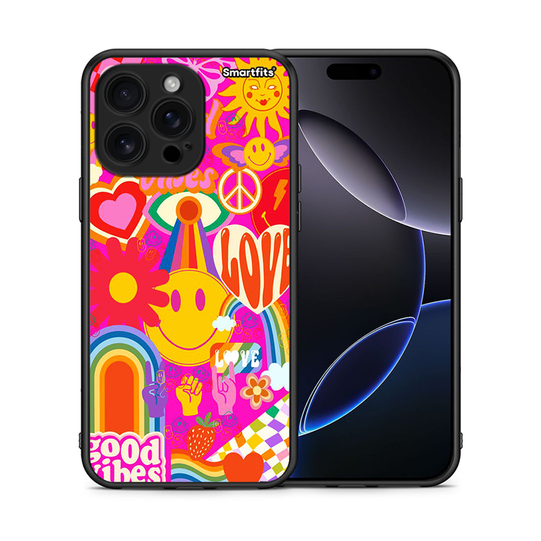 Θήκη iPhone 16 Pro Max Hippie Love από τη Smartfits με σχέδιο στο πίσω μέρος και μαύρο περίβλημα | iPhone 16 Pro Max Hippie Love case with colorful back and black bezels