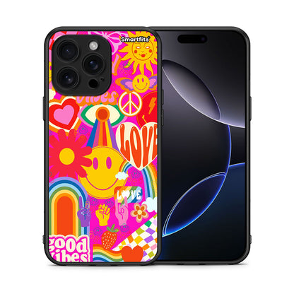 Θήκη iPhone 16 Pro Max Hippie Love από τη Smartfits με σχέδιο στο πίσω μέρος και μαύρο περίβλημα | iPhone 16 Pro Max Hippie Love case with colorful back and black bezels