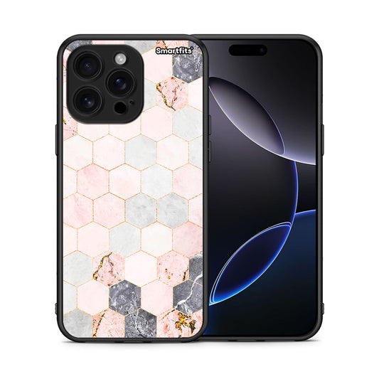 Θήκη iPhone 16 Pro Max Hexagon Pink Marble από τη Smartfits με σχέδιο στο πίσω μέρος και μαύρο περίβλημα | iPhone 16 Pro Max Hexagon Pink Marble case with colorful back and black bezels